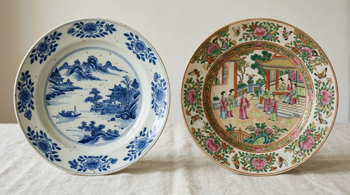 Blue and white beside famille-rose Canton porcelain