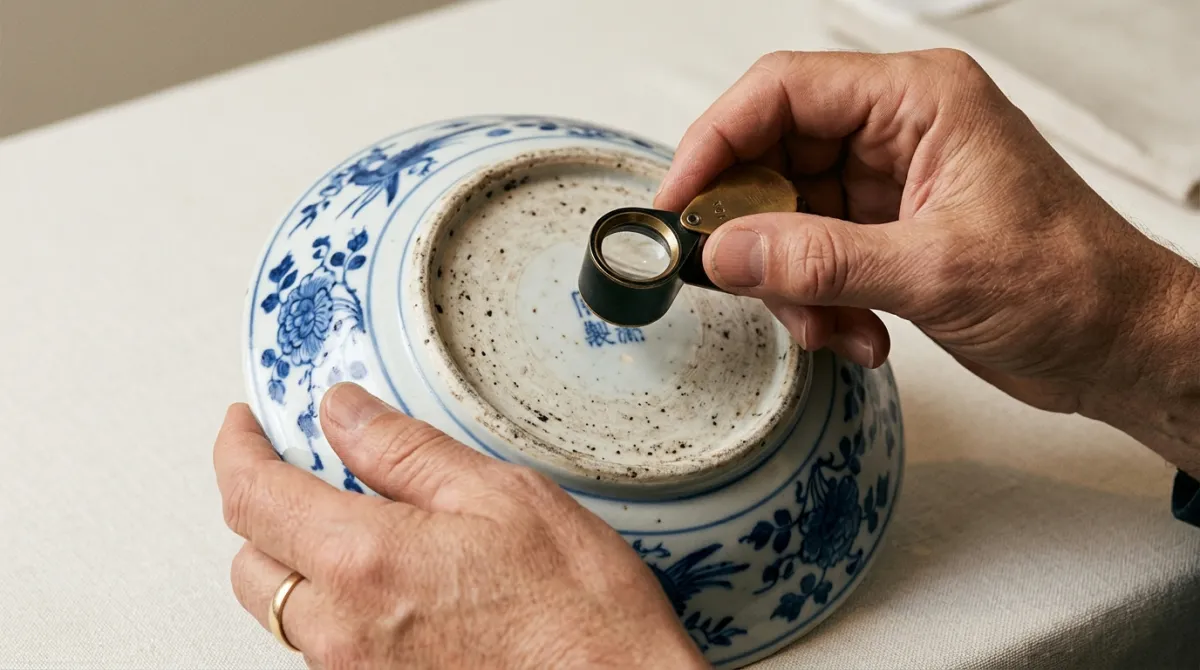 Examining the base and foot rim of a porcelain piece with a loupe