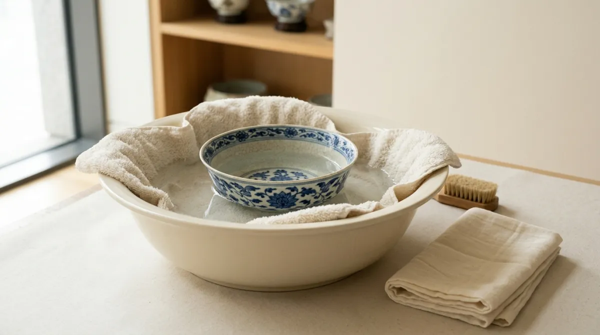 Gently hand-washing an antique Chinese porcelain piece