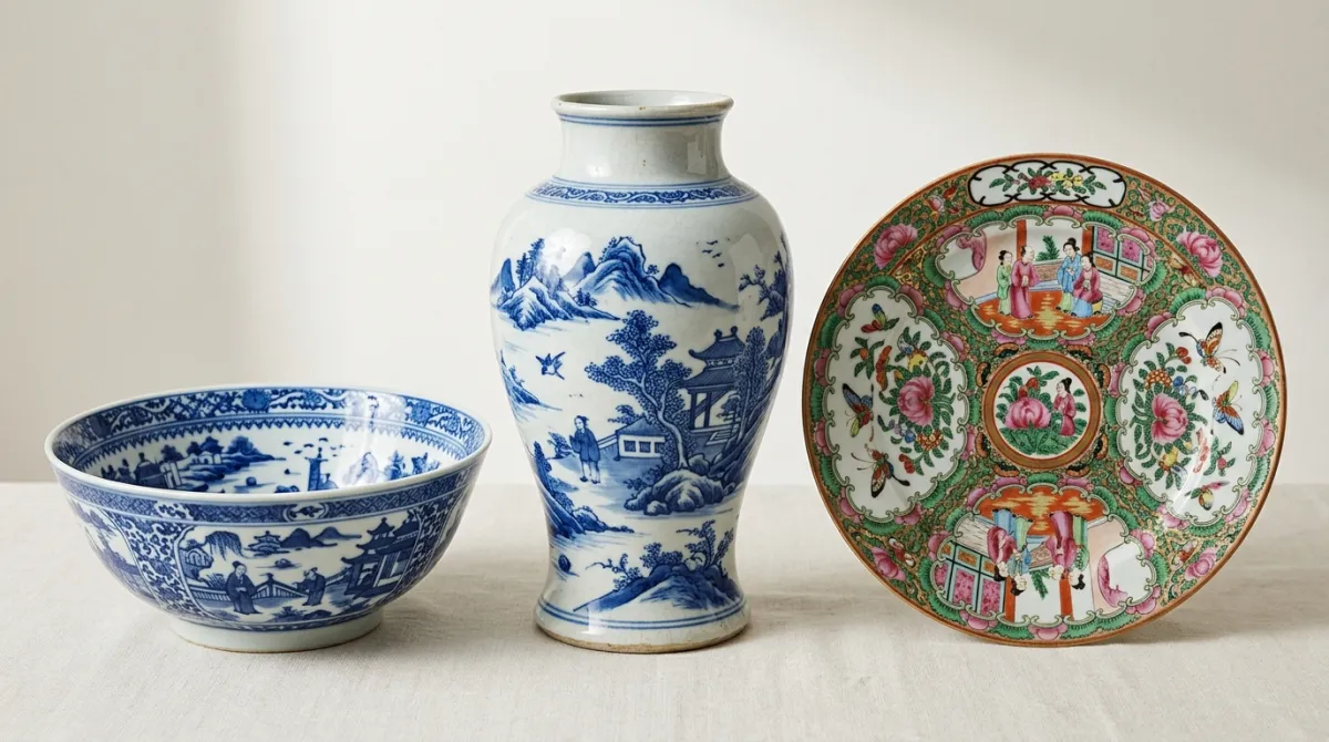 A grouping of antique Chinese porcelain: blue and white and famille rose