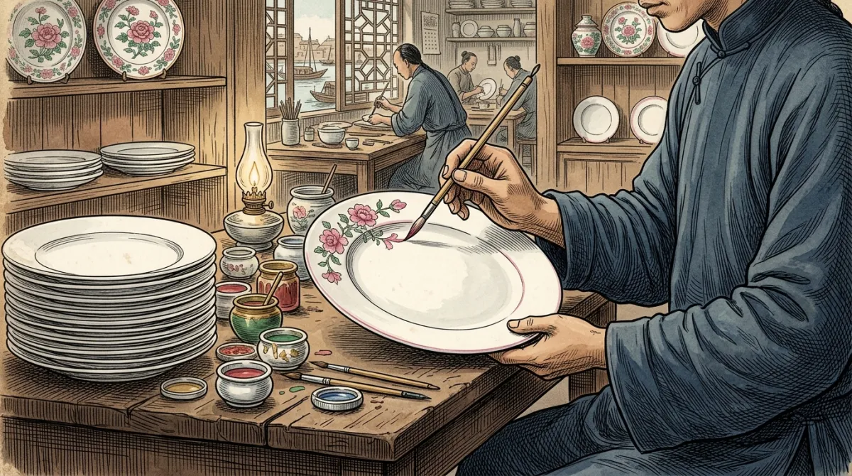 A plain white Jingdezhen plate being painted in Canton