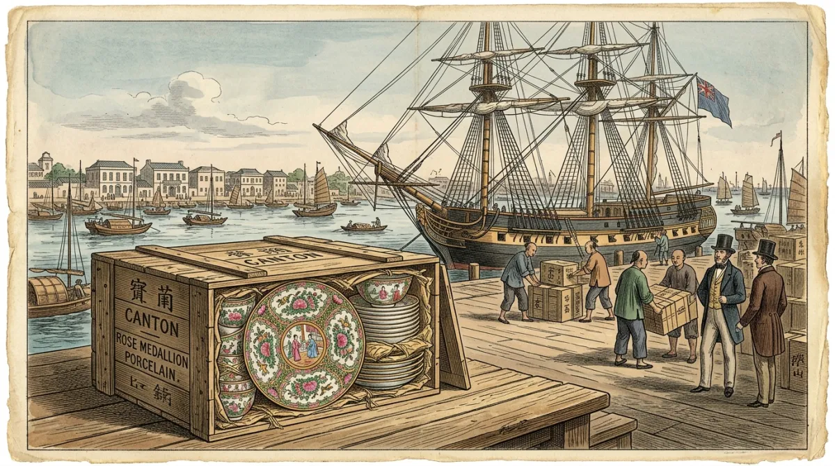 An export porcelain crate and a trading ship