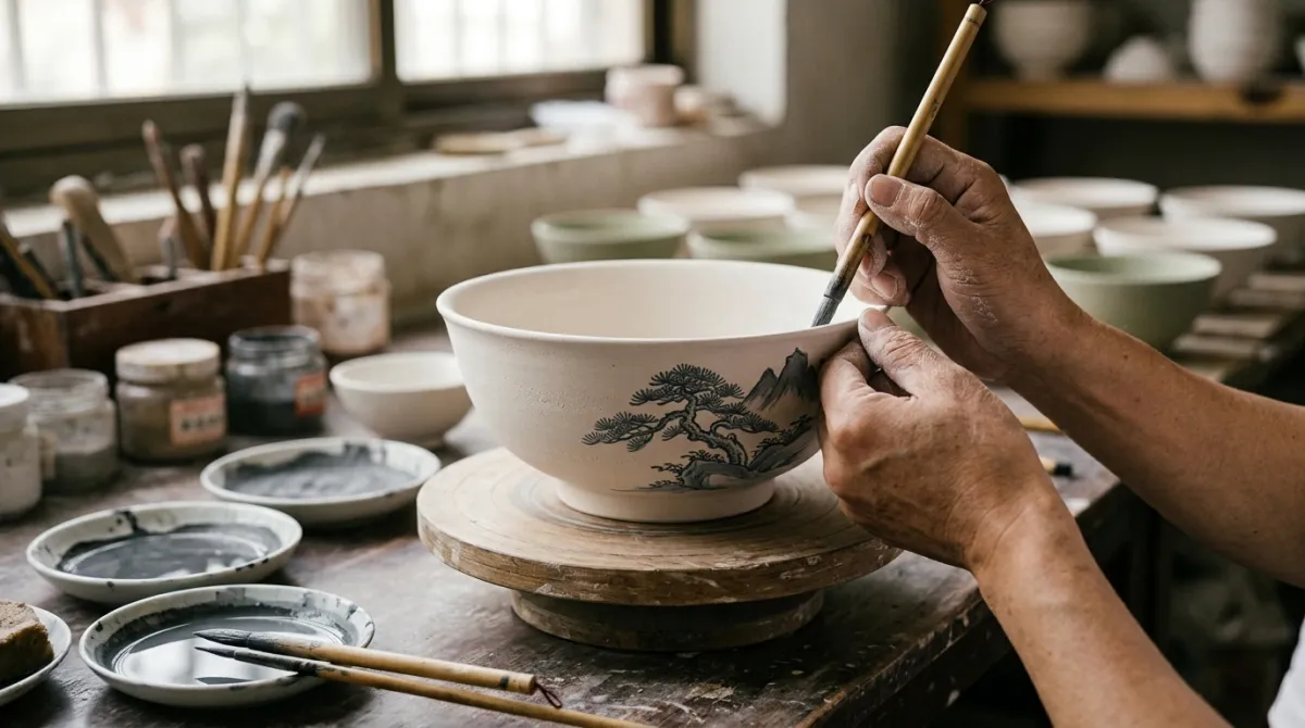 Blue and white porcelain being decorated in Jingdezhen