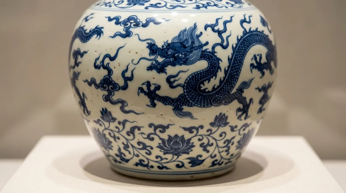 Classic Chinese blue and white motifs: dragons, lotus, and landscape