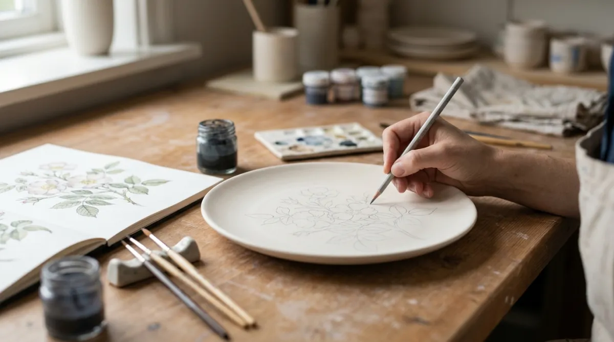 A painter sketching a design onto a white porcelain plate