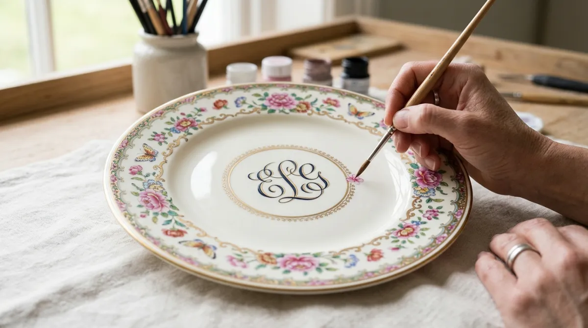 A custom monogram and floral border being hand-painted on a plate
