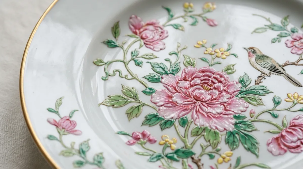 Macro of hand-painted enamel brushwork on a custom plate