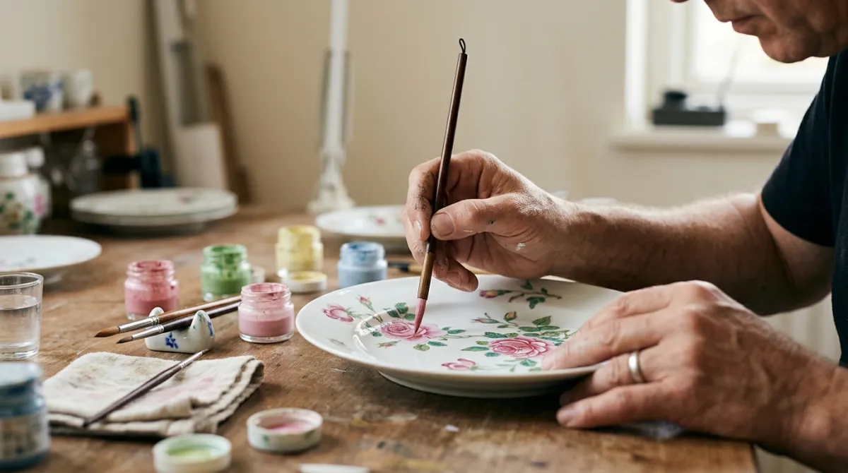 A porcelain painter hand-painting a custom plate at the studio
