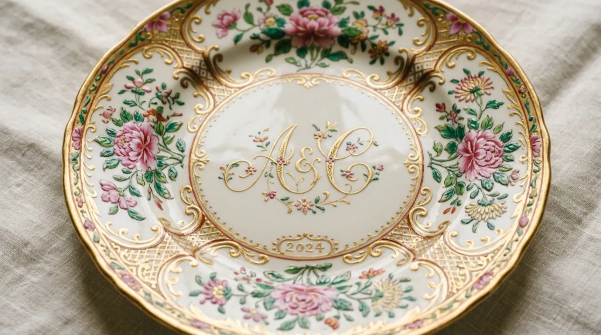 A plate personalized with names and a wedding date