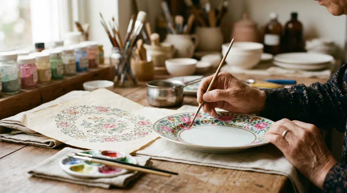 A painter hand-painting a custom wedding plate at the studio