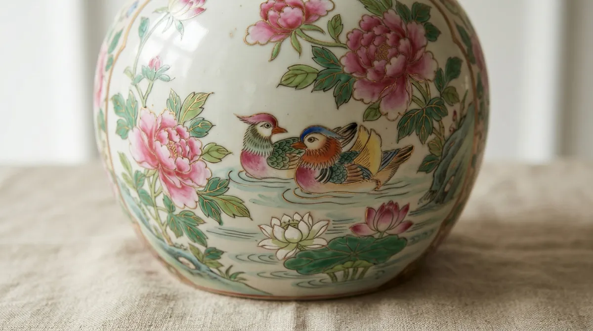 Auspicious wedding motifs: mandarin ducks and peonies on porcelain