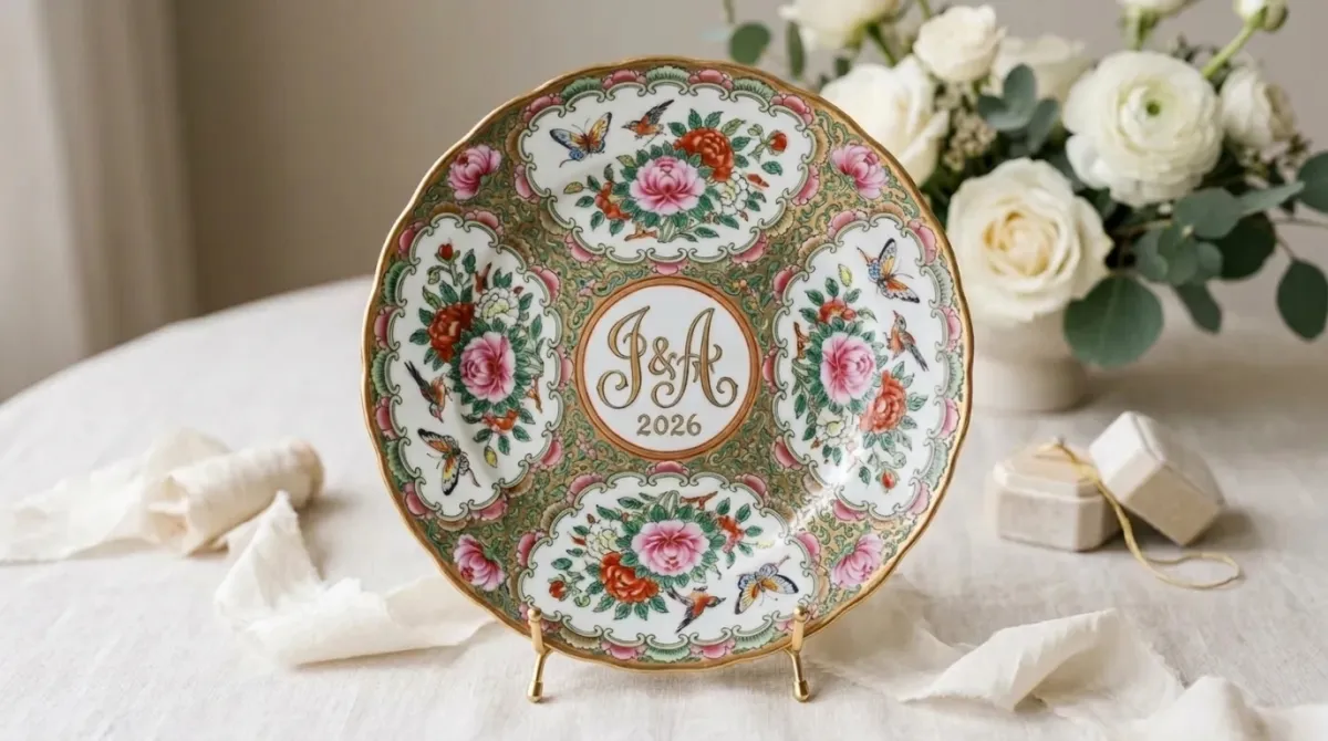 A custom hand-painted Rose Medallion wedding plate with a personalized center