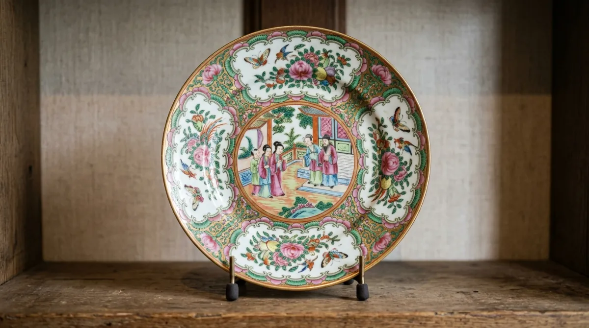 An antique plate on a padded display stand