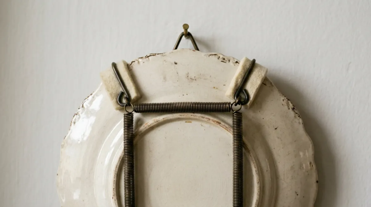 A padded spring-wire plate hanger gripping a plate rim