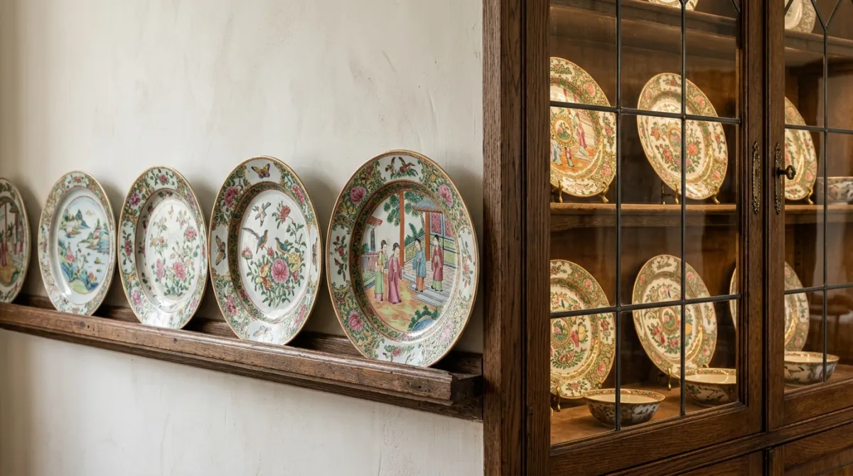 Antique plates on a plate rail and in a cabinet