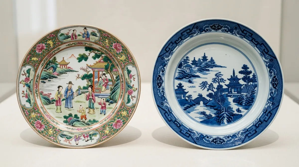 Overglaze famille-rose enamel next to underglaze blue