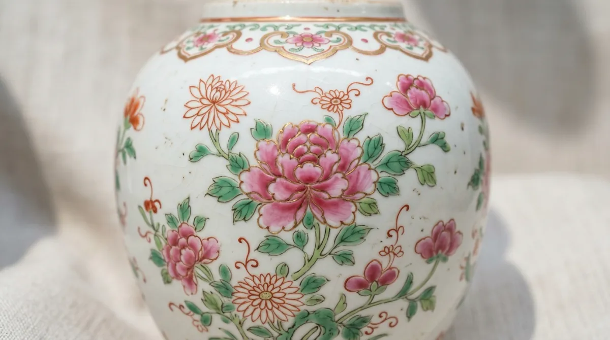 Detail of the famille-rose pink-enamel palette on porcelain