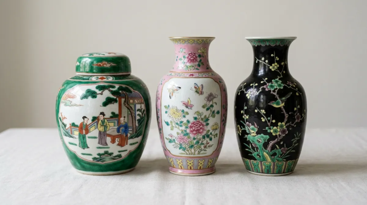 Famille verte, rose, and noire enamel palettes compared