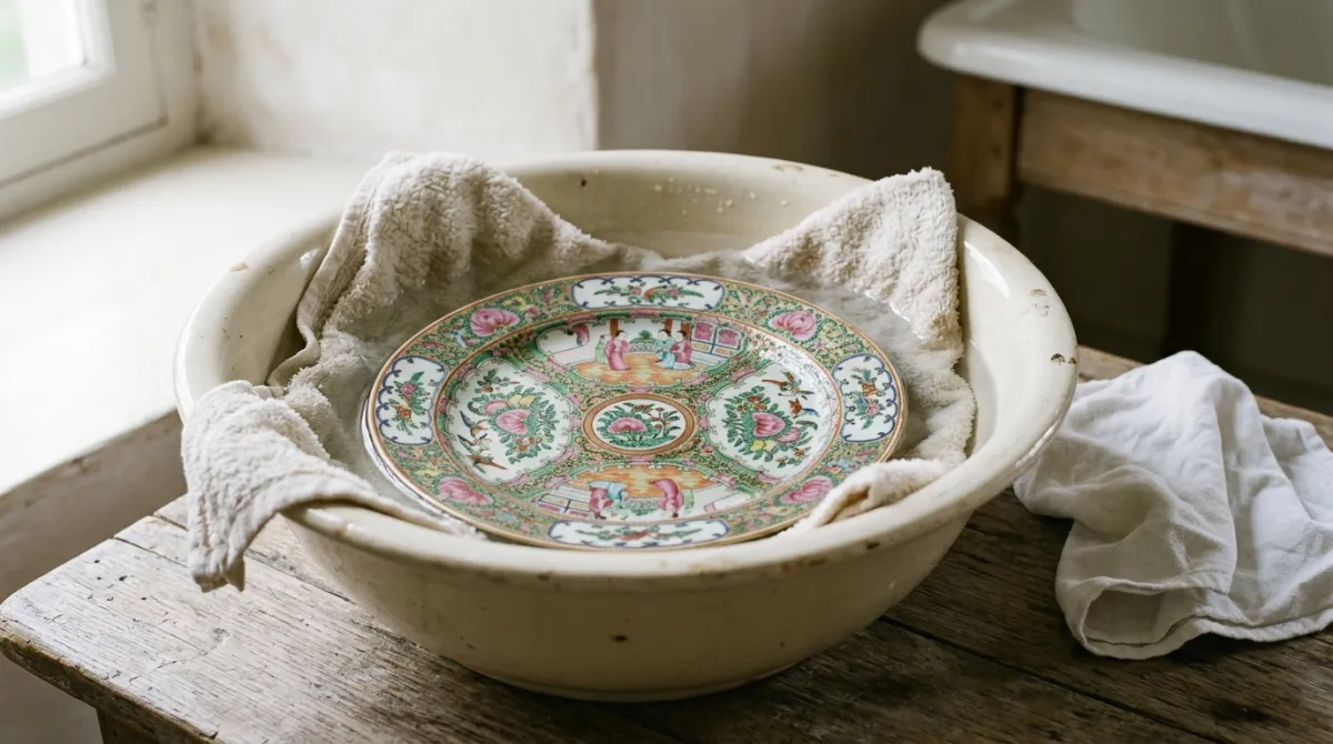 Hand-washing a porcelain plate in a towel-lined basin