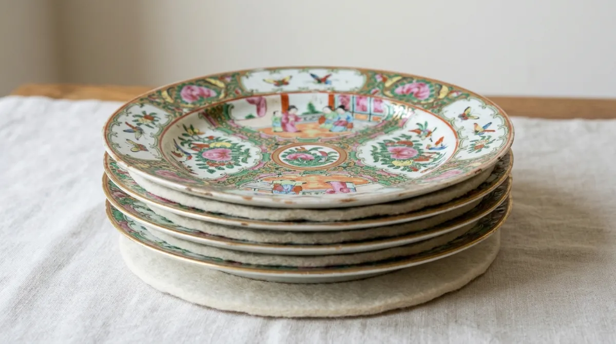 Antique plates stacked with felt separators between them