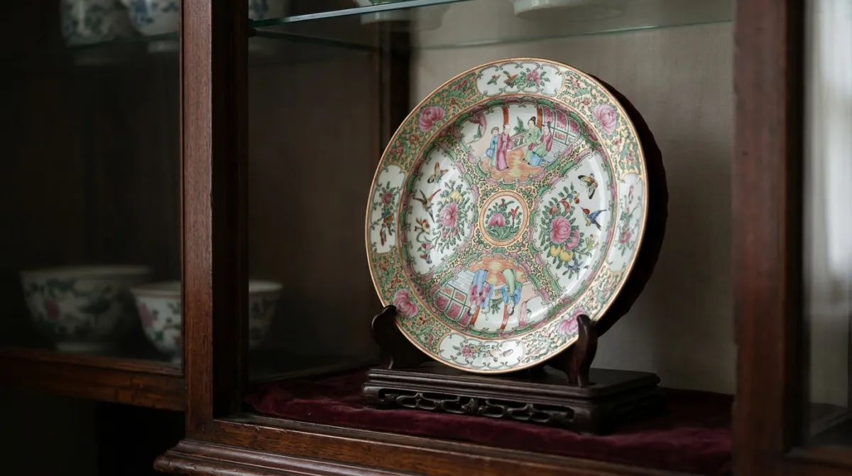 An antique plate on a padded stand in a cabinet away from sunlight