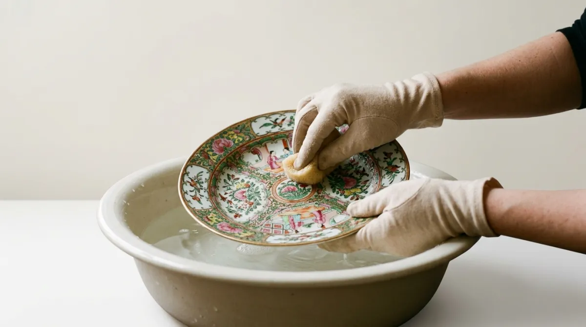 Hand-washing an antique porcelain plate