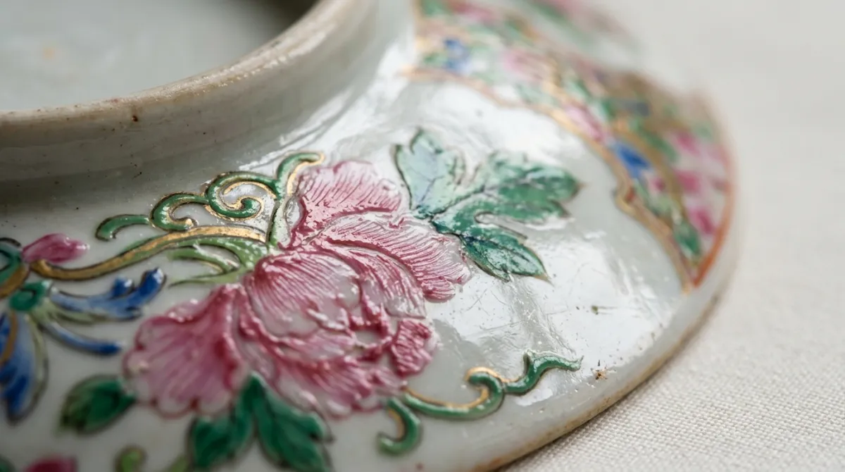 Macro comparing raised hand-painted enamel to flat printed decoration