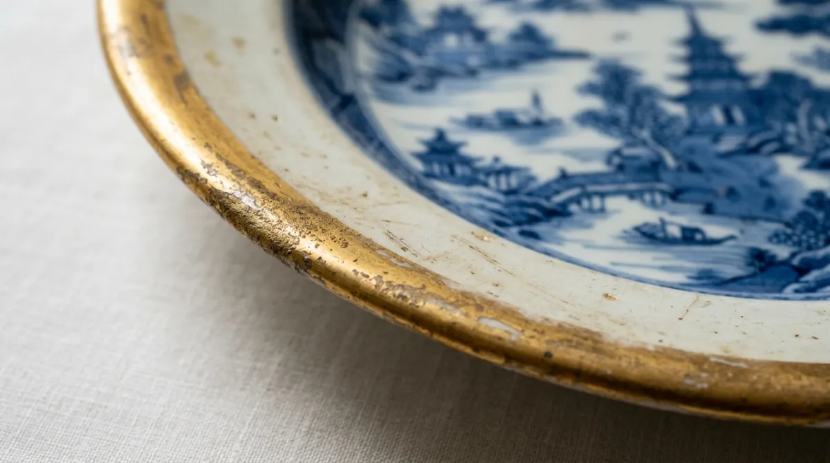 Worn honey-toned gold rim on an antique plate