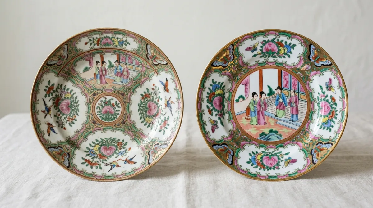 An antique Rose Medallion plate beside a brighter modern reproduction
