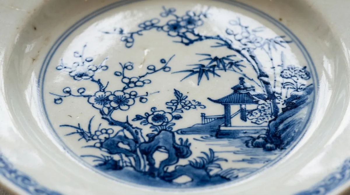 The smooth glazed well of a blue and white plate