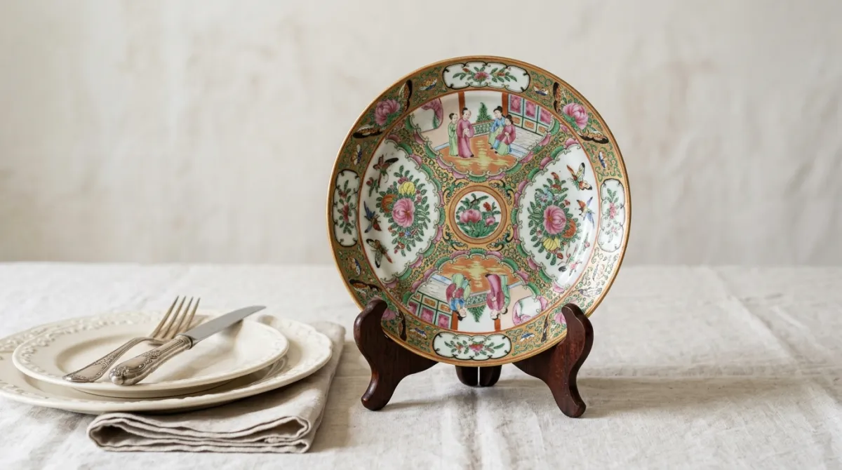 An antique Rose Medallion plate displayed rather than used for food