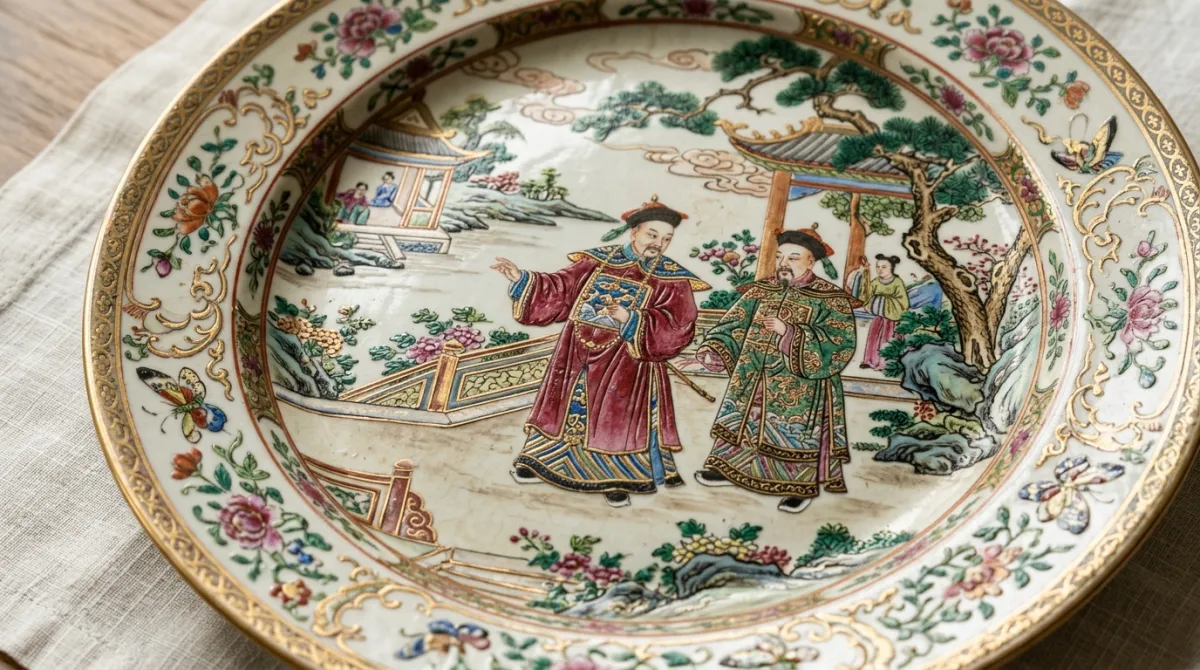 Detail of robed mandarin official figures on porcelain