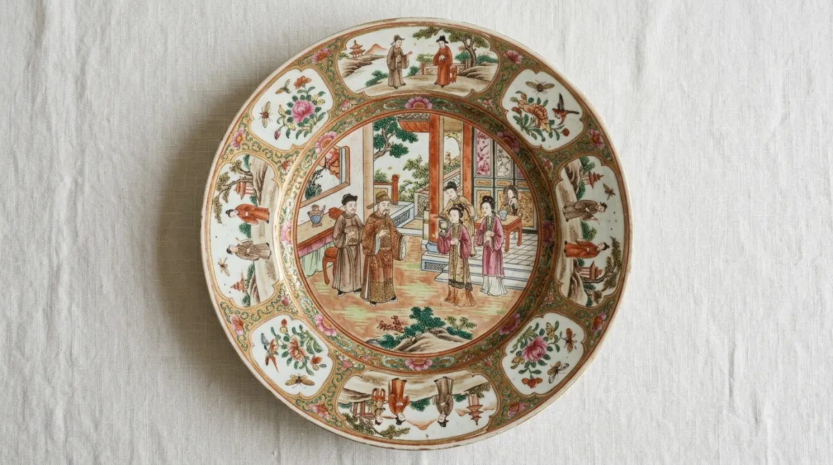 An antique Mandarin-palette Canton plate dominated by robed figures