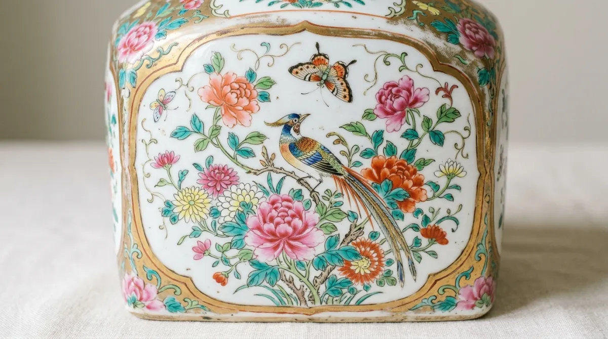 Porcelain detail with butterflies, a bird, and chrysanthemums