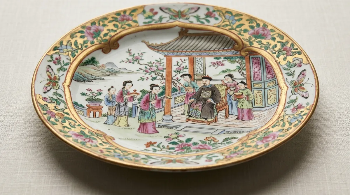 A figure reserve showing a robed court scene on Rose Medallion