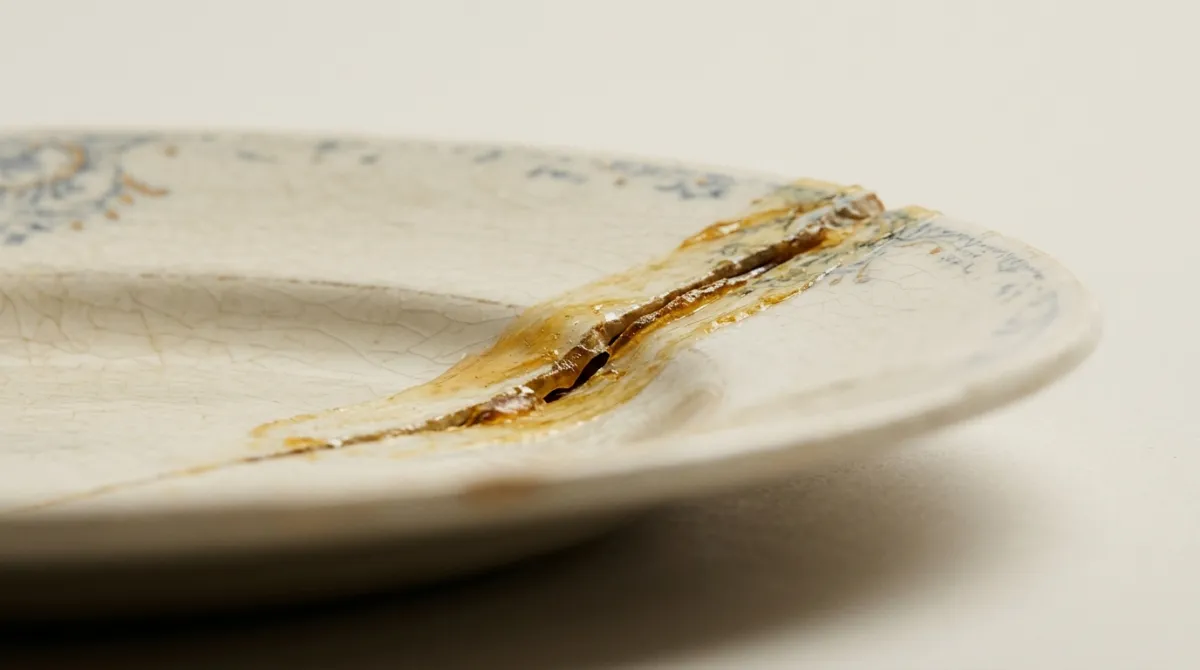 A discolored old glue repair on antique porcelain