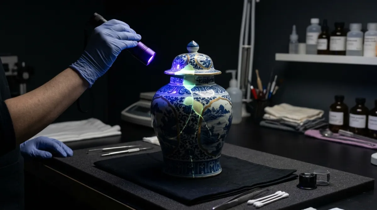 Examining a piece under UV light for restoration