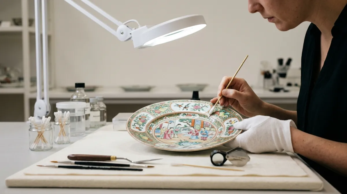 A ceramics conservator examining an antique plate