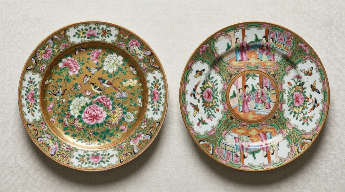 Rose Canton (all florals) beside Rose Medallion (with figures)