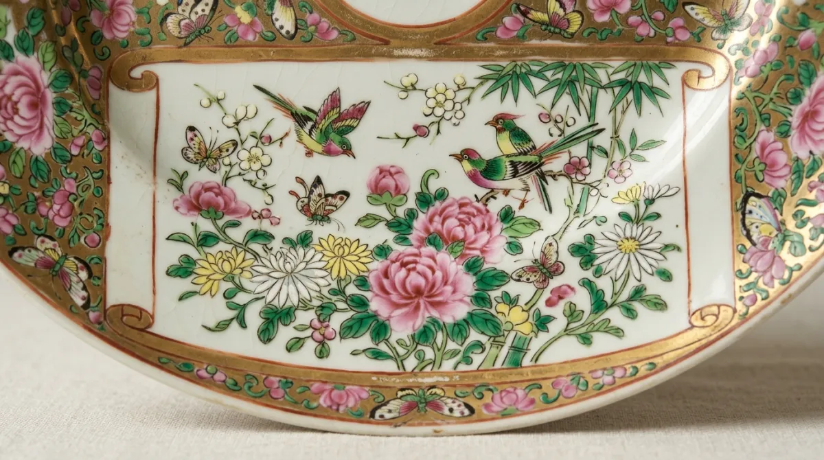 Detail of a Rose Canton floral-and-bird reserve