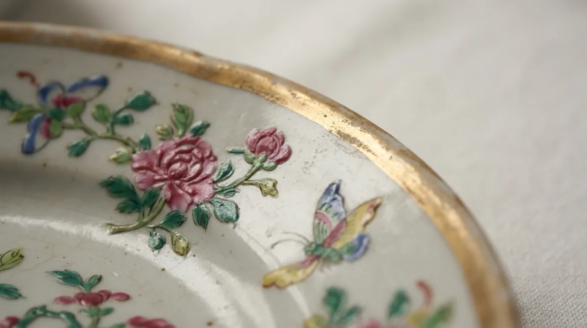 Macro of famille-rose enamel and worn gilding on a Rose Canton piece