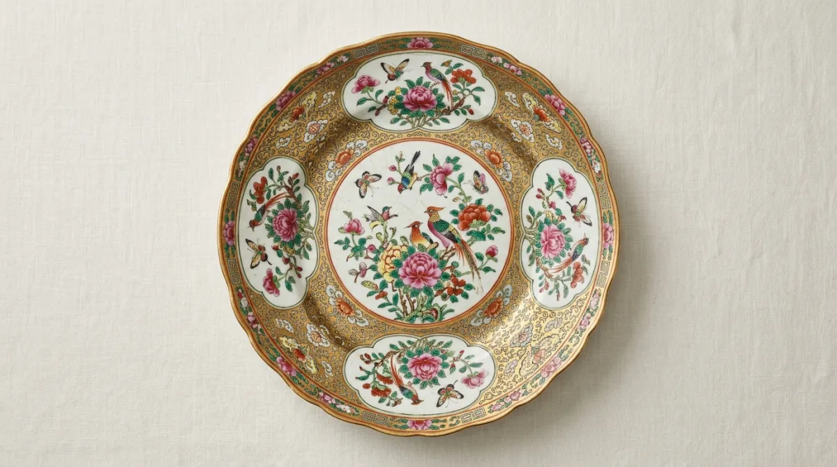 An antique Rose Canton plate with all-floral reserves and no figures