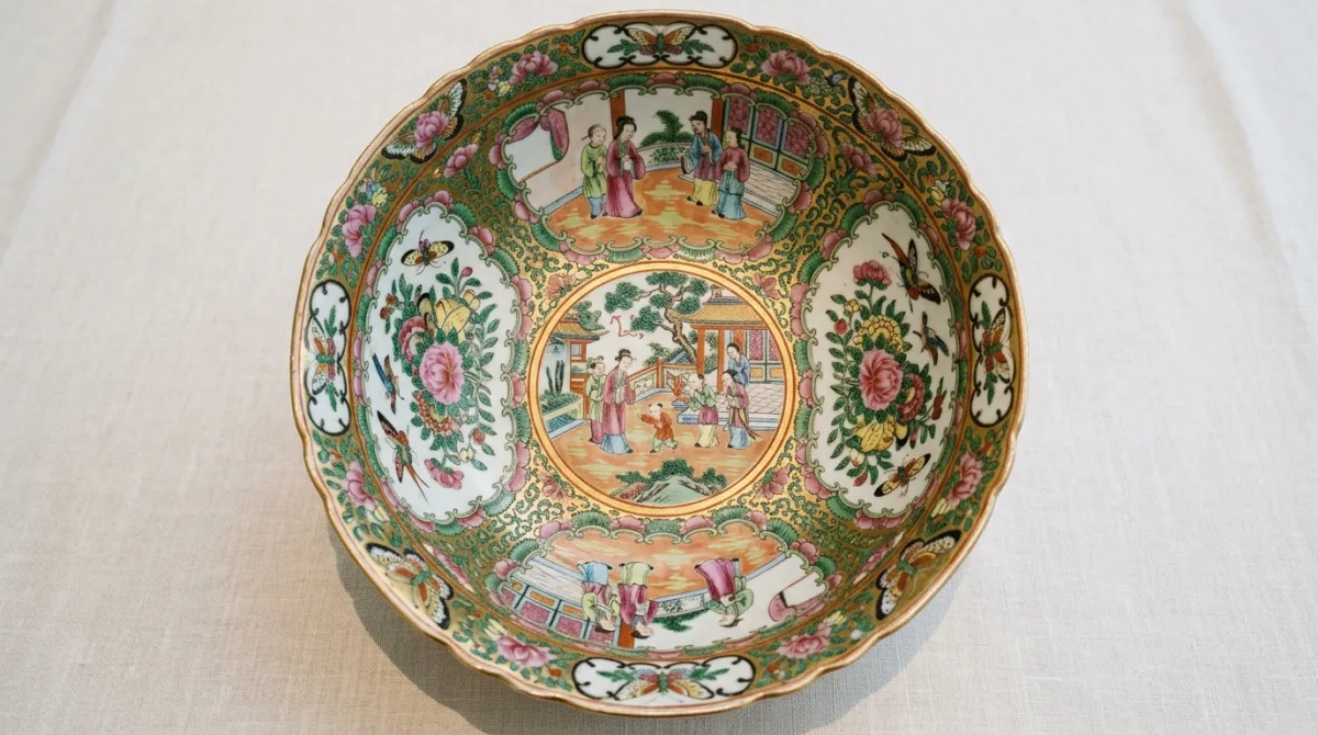A large Rose Medallion punch bowl seen from above