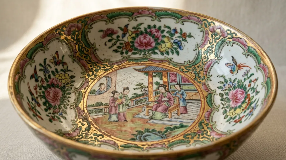 The worn interior of an antique Rose Medallion bowl