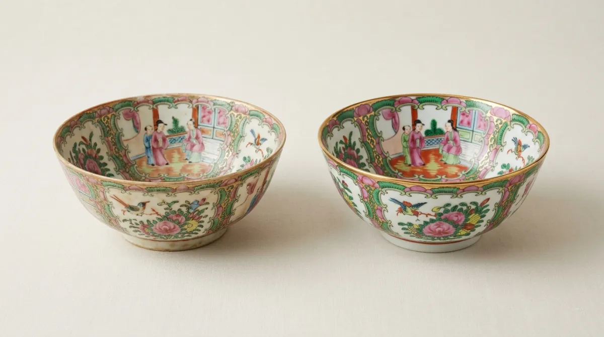An antique Rose Medallion bowl beside a modern reproduction