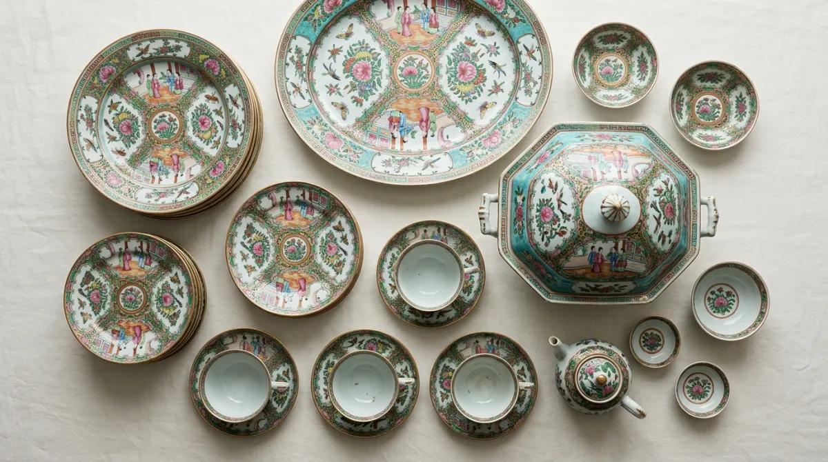 A full Rose Medallion service with plates, cups, and serving pieces