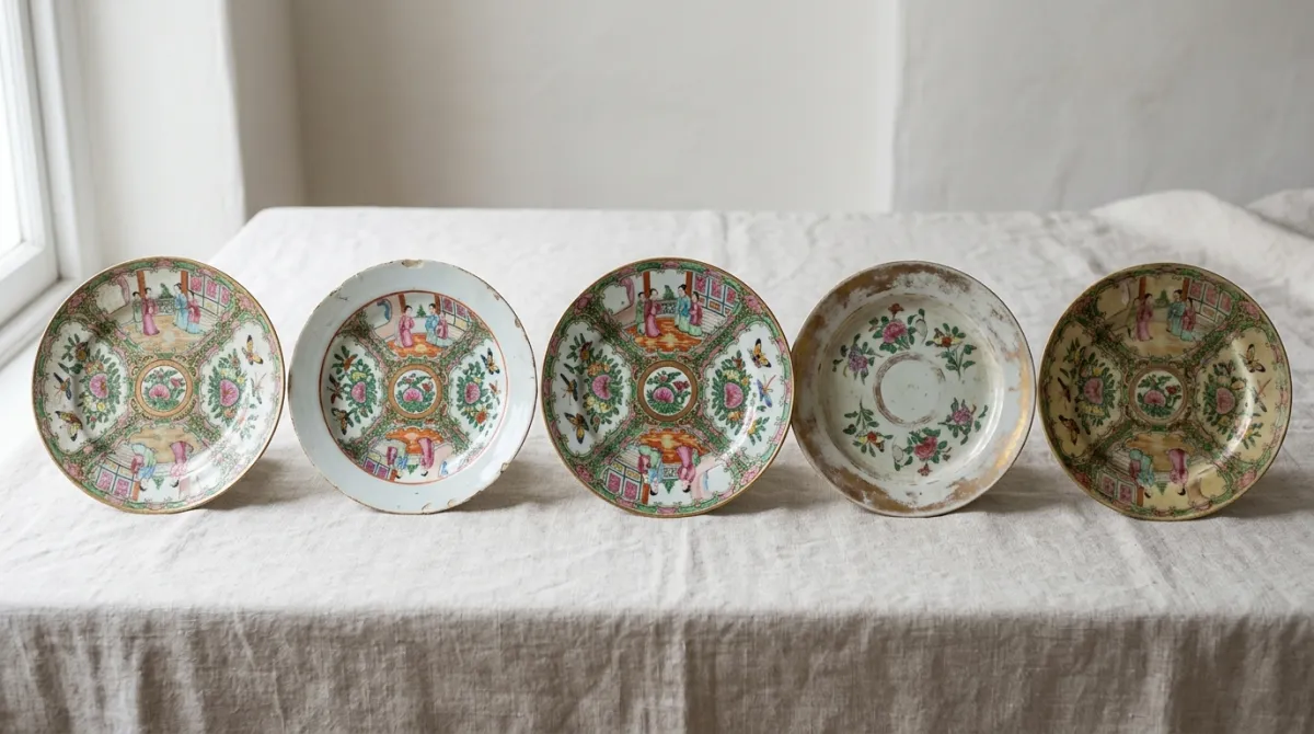 Comparing several Rose Medallion plates for evenness and condition