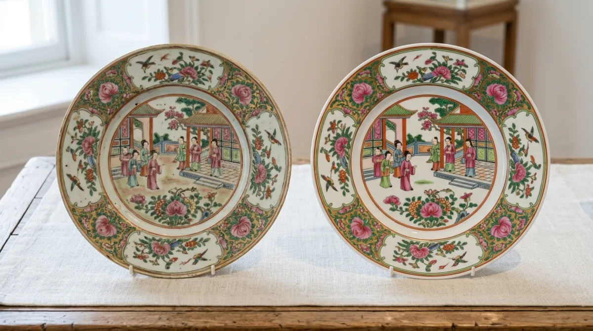 An antique Rose Medallion piece beside a modern reproduction
