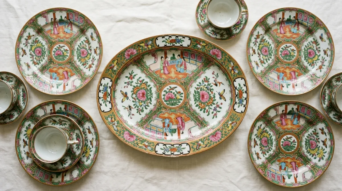 An antique Rose Medallion dinner service arranged on a table