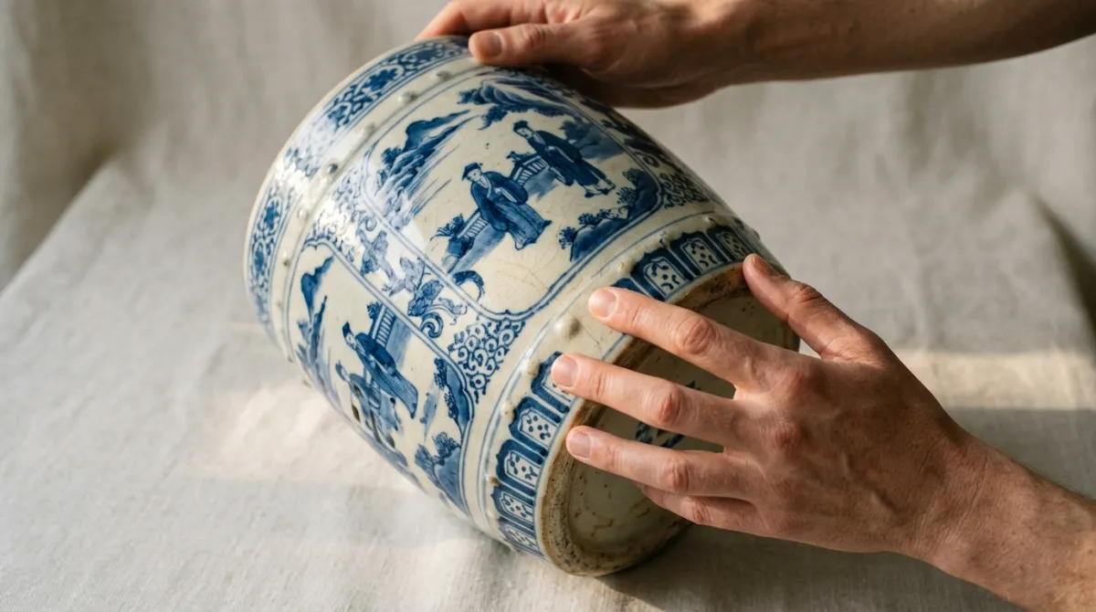 Inspecting a garden stool for hairline cracks